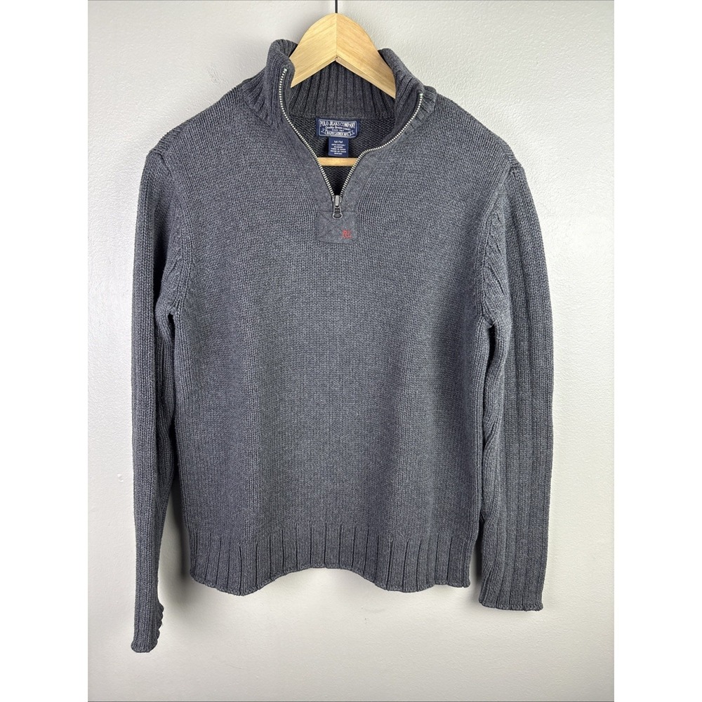 Polo Jeans Company 1/4 Zip Sweater Size Medium Gray Chunky Knit Sweater